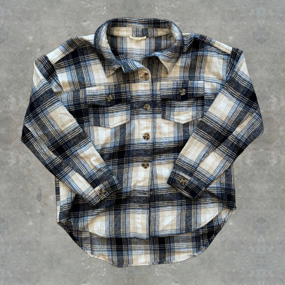 90s Mens Plaid Flannel Shirt Jacket Navy Blue Tan Heavyweight Button Up L